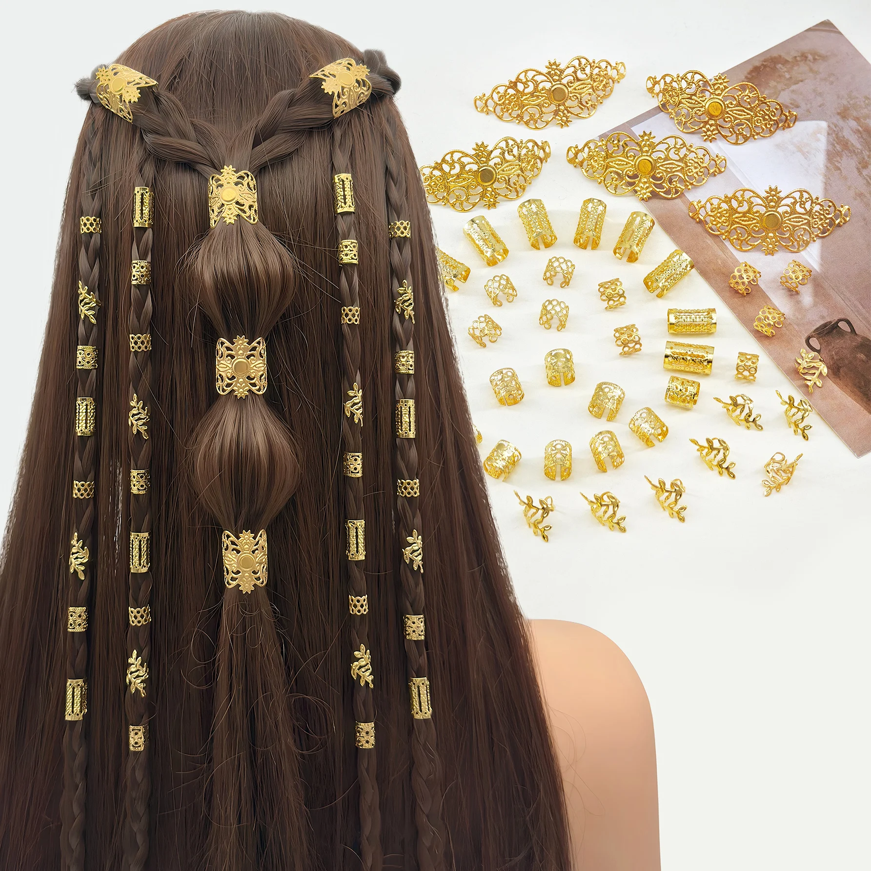 45pcs Hollow Hair Rings-Large Openwork Adjustable Alloy Hair Cuffs, Artistic Boho Jewelry for Men & Women's Dreadlocks & Braids