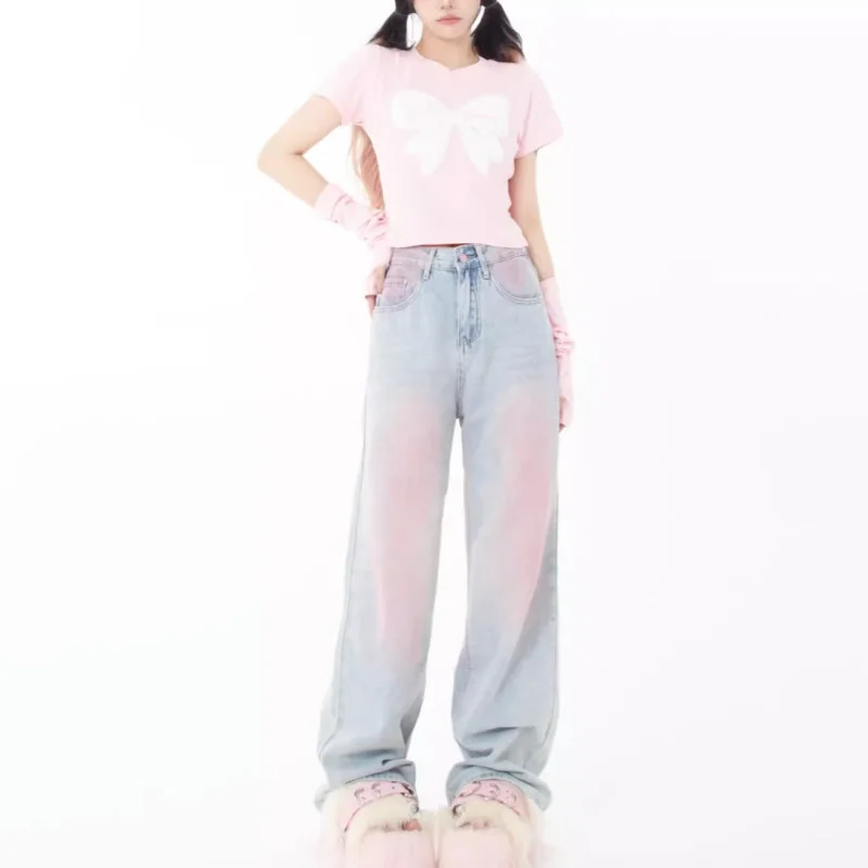 Pantalones vaqueros lavados de cintura alta para mujer, pantalones versátiles de pierna recta con bolsillos y cremallera, diseño de moda coreana, 4