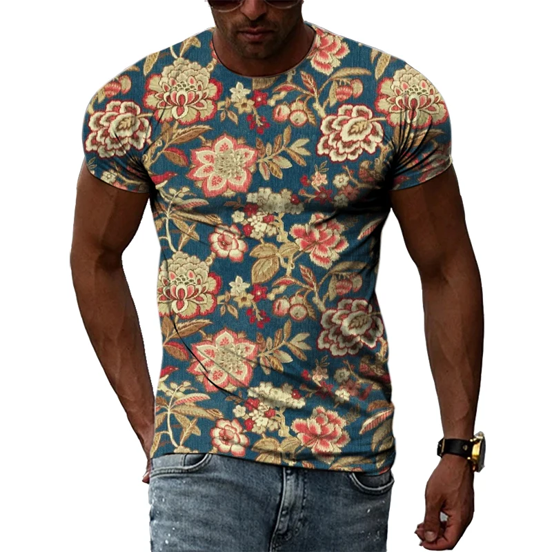 Summer New Men\'s Floral Pattern 3D T-shirt Street Hip Hop Personality Print Tops Trendy Fashion Round Neck Short Sleeve Clothing