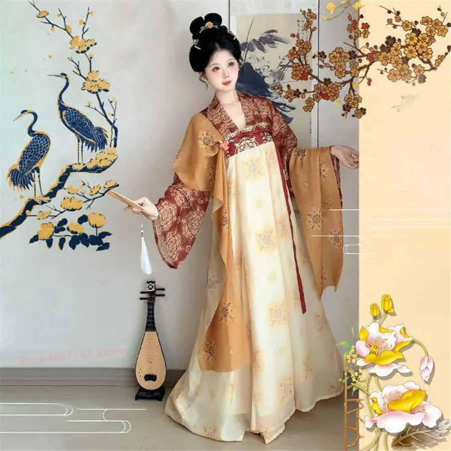 

Original Women's Tang Dynas Hanfu Skirt Gold Plated Chest Length Quartet Set Traditional Chinese Costume Polyester Fiber