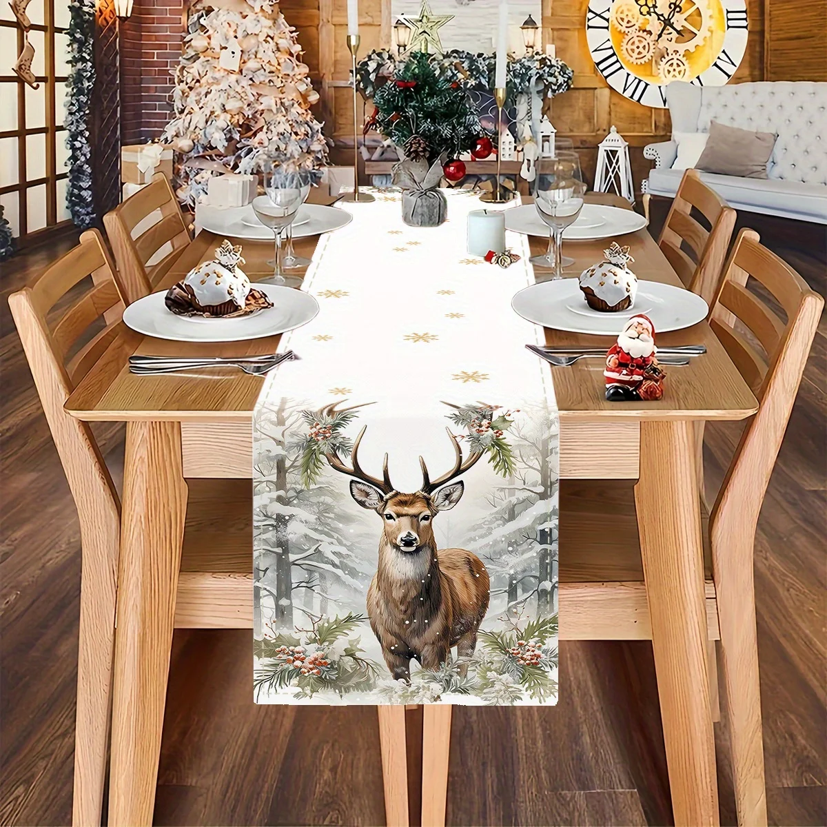 VIKAMA Reindeer Snowflake Table Runner Polyester Fabric Table Runner Ideal for Holiday Banquet Party Decorations