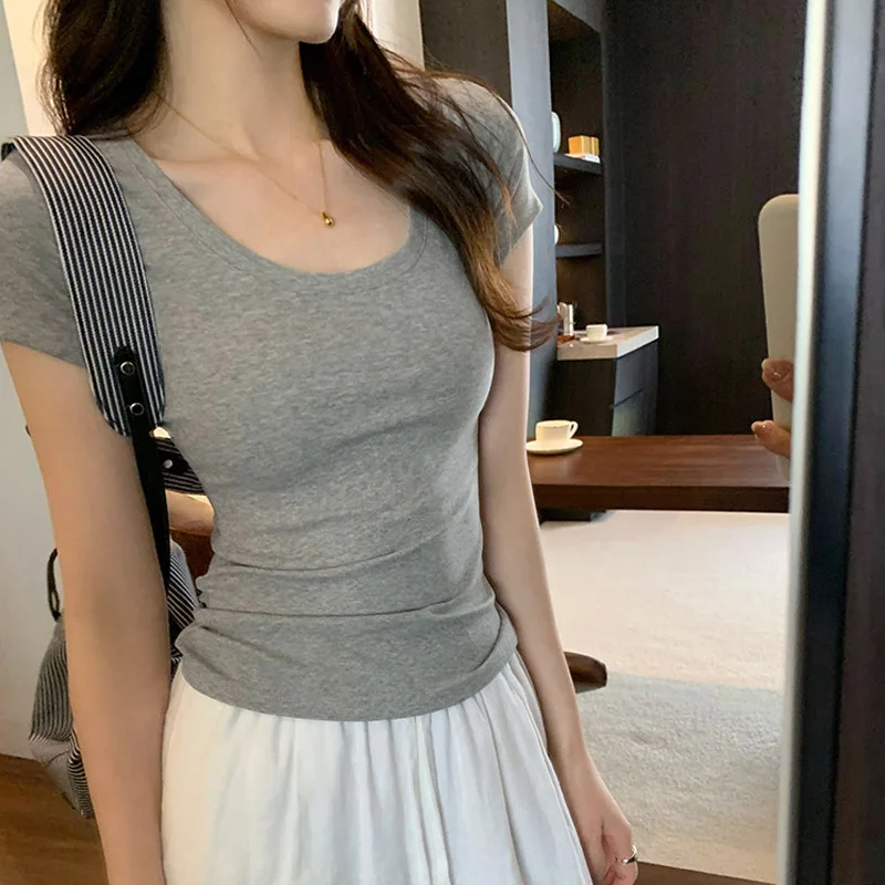 تي شيرت قطني غير رسمي صيفي لعام 2025 للنساء تي شيرت بأكمام قصيرة ملابس نسائية عصرية ضيقة أساسية برقبة دائرية Y2K تي شيرت نسائي #6