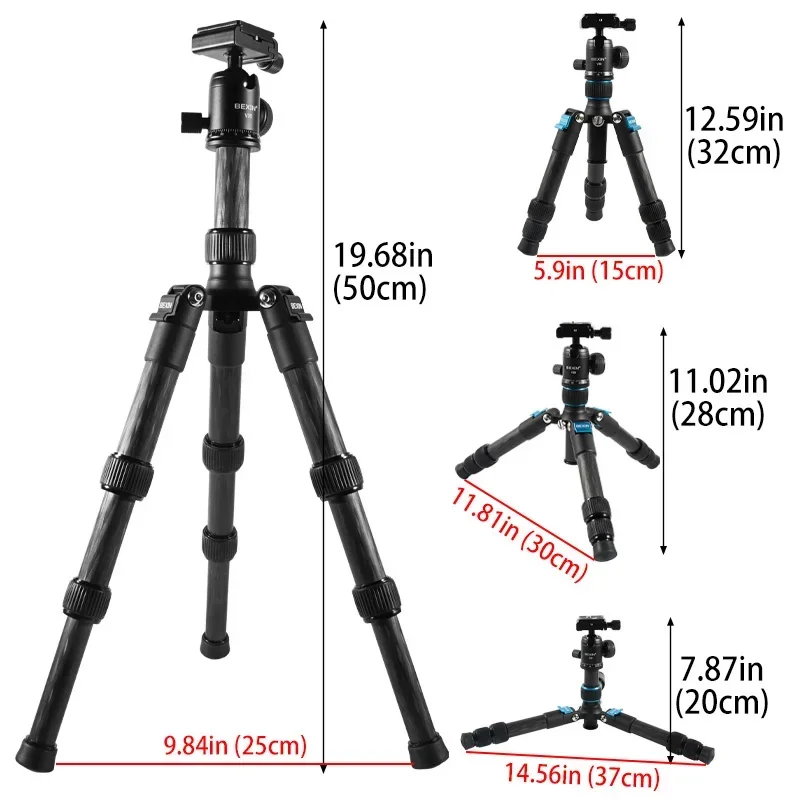 Mini Carbon Fiber Tripod Compact Lightweight Portable Tabletop Tripods with Ball Head Max Load 8kg Tripod for Phone DSLR Camera