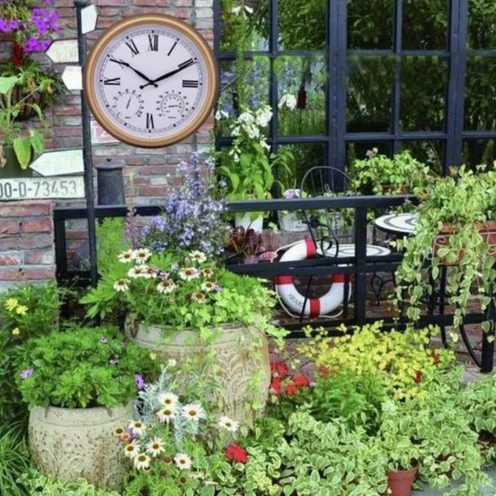 Wall Clock 15 Inch Silent With Temperature Humidity Battery Operated Waterproof Outdoor Garden Thermometer  Hygrometer