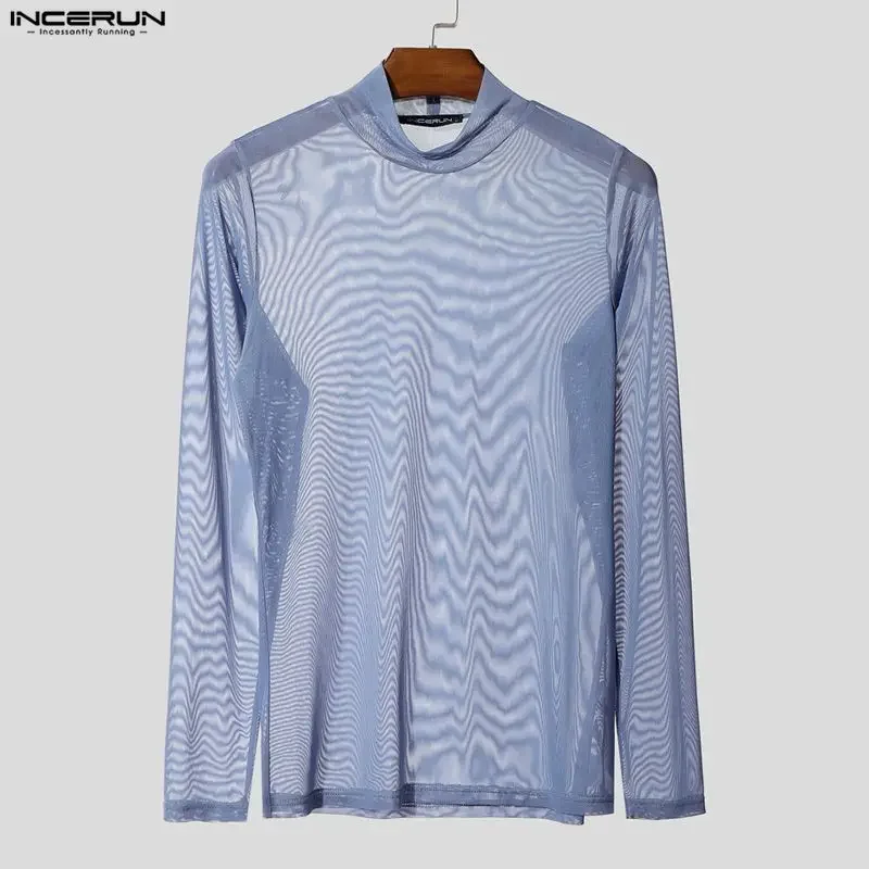 INCERUN Men T Shirt Mesh Long Sleeve See Through Turtleneck Male Tee Tops Sexy Streetwear Fashion Casual Men Clothing Solid