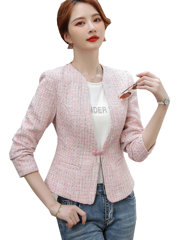 Elegant Pink Blue Plaid Ladies Blazer Women Female Long Sleeve V-Neck Slim Casual Jacket Coat For Spring Autumn