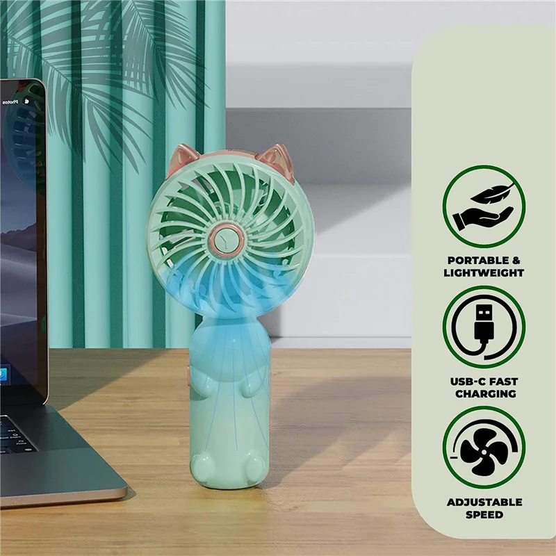 1 Piece Portable Hand Held Fan Mini Fan Foldable Small Fan With Cat Ears With USB Rechargeable Battery (Green)