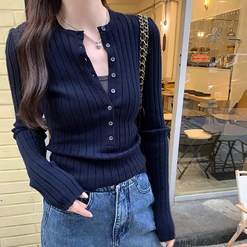 Autumn Deep Pit Striped Pullover Women Sweater Fashion Half Open Button O-Neck Knit Tops Elegant Slim Fit Long Sleeve Sweaters