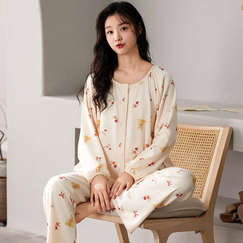 Bear Women Pajamas Sets Autumn Winter Long Sleeves Long Pants Cute Kawaii Sleepwear Soft Pyjamas Cozy Pijamas Girls Button Woman