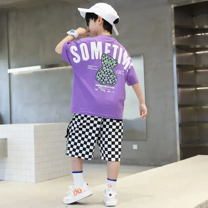 Fashion Summer Teenage Boy Clothes Boys for 4 6 8 10 12 14 Year Hiphop Korean Casual T-Shirt Shorts 2Pcs Sets Funny Cartoon Suit