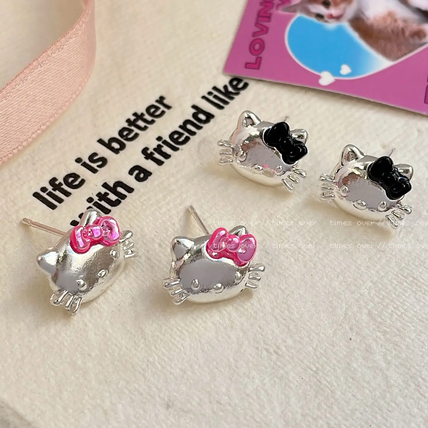 Sanrio Hellos Kittys Anime Delicate Earrings for Women Pink Black Color Minimalist Party Summer Fashion Jewelry Accessories Gift