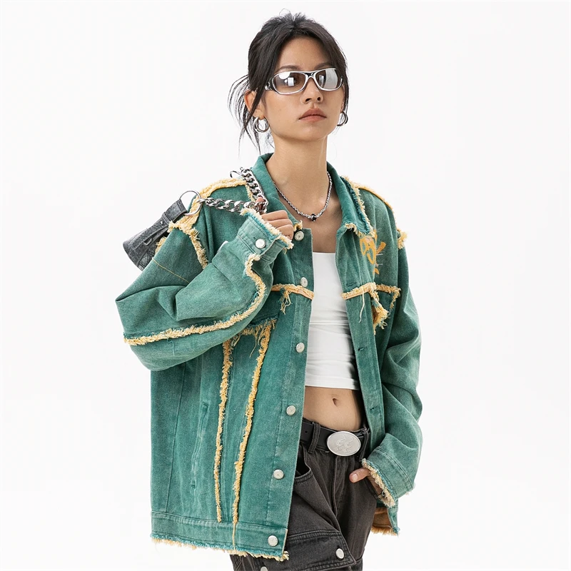 Womens Denim Jacket Green Cotton Long Sleeve Coats Cowboy Lady Jeans Jackets for Women 2024 Autumn Outdoor Clothing Novelties