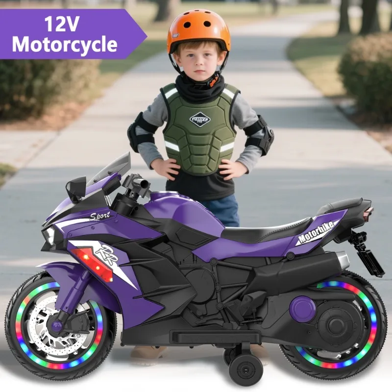 Motocicleta infantil de 12 V, motocicleta eléctrica de 3-4 años, motocicletas violetas para niños hacen uso completo de USB y MP3