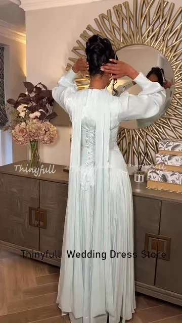 Thinyfull a-line فساتين لحضور الحفلات الموسيقية العربية رقبة دائرية وأكمام طويلة من الساتان اللامع ثوب مسائي طويل فستان رسمي رداء de soirée مخصص #4