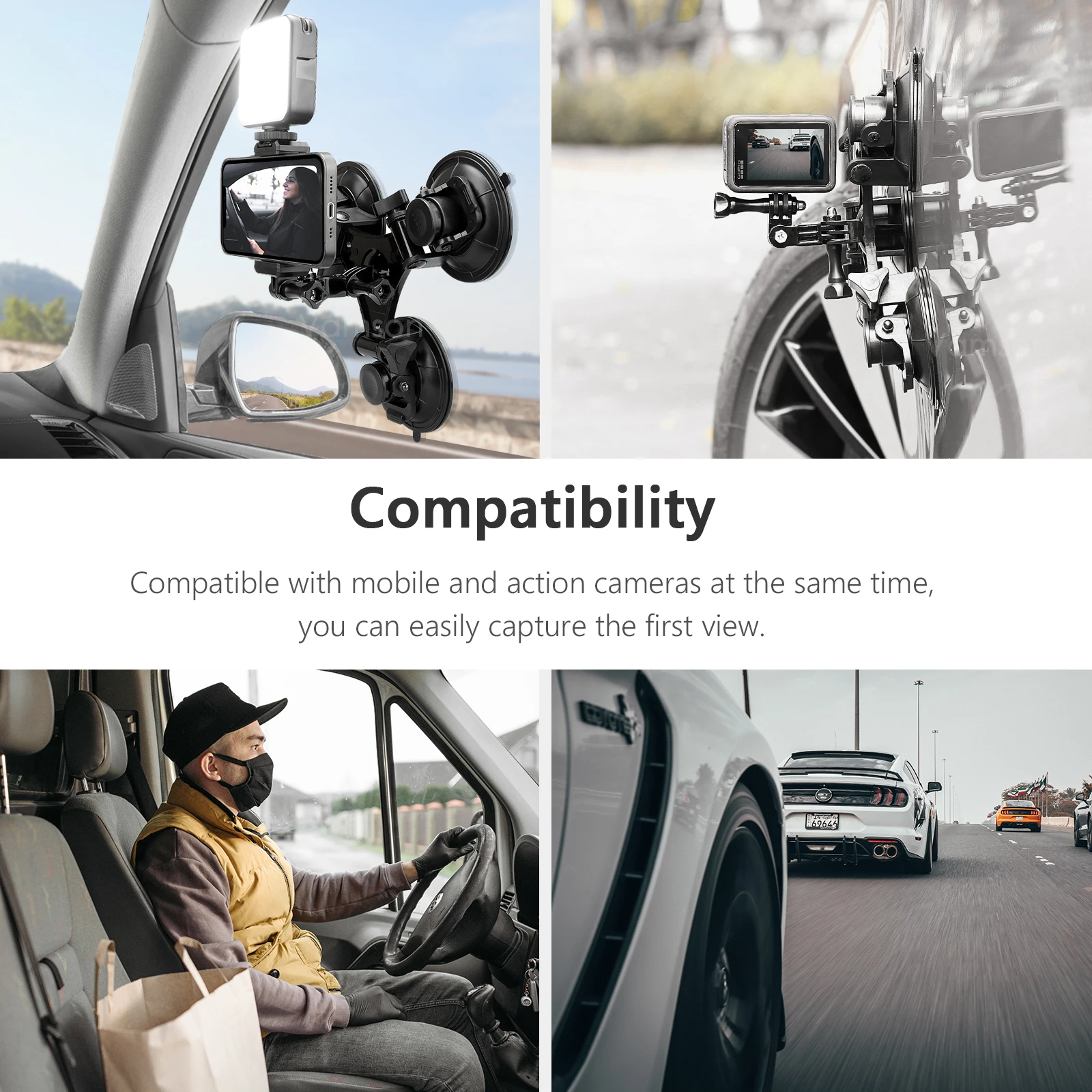 Vamson 9CM Removable Tri Angle Suction Cup Mount for GoPro Hero 12 11 10 9 8 for Insta360 X3 One X2 DJI Action Gopro Accessories