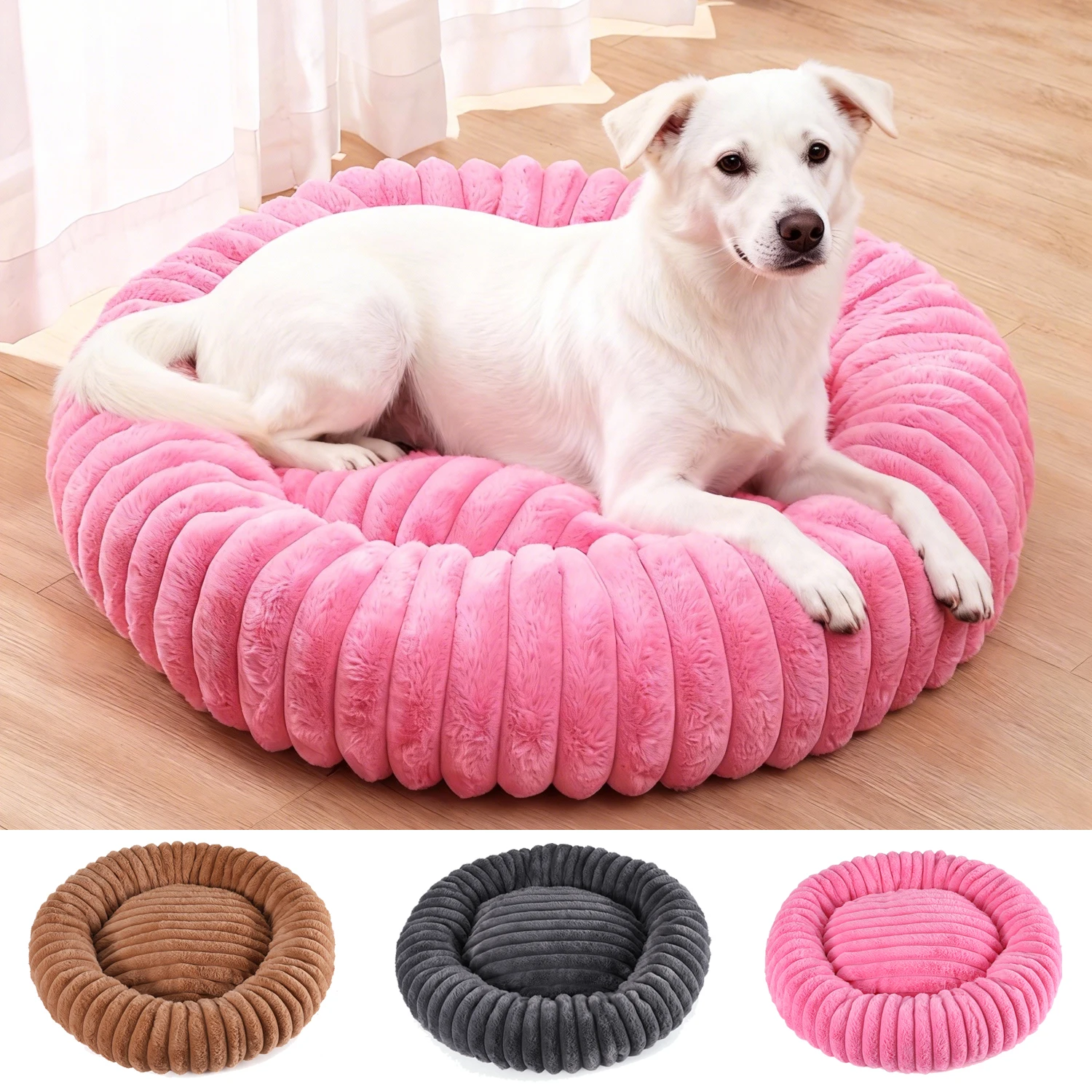 

Comfortable Large Dog Sofa Kennel Stripe Elastic Full filling Round Small Cat Bed Warm Winter Soft Cute Dog Bed Accessories