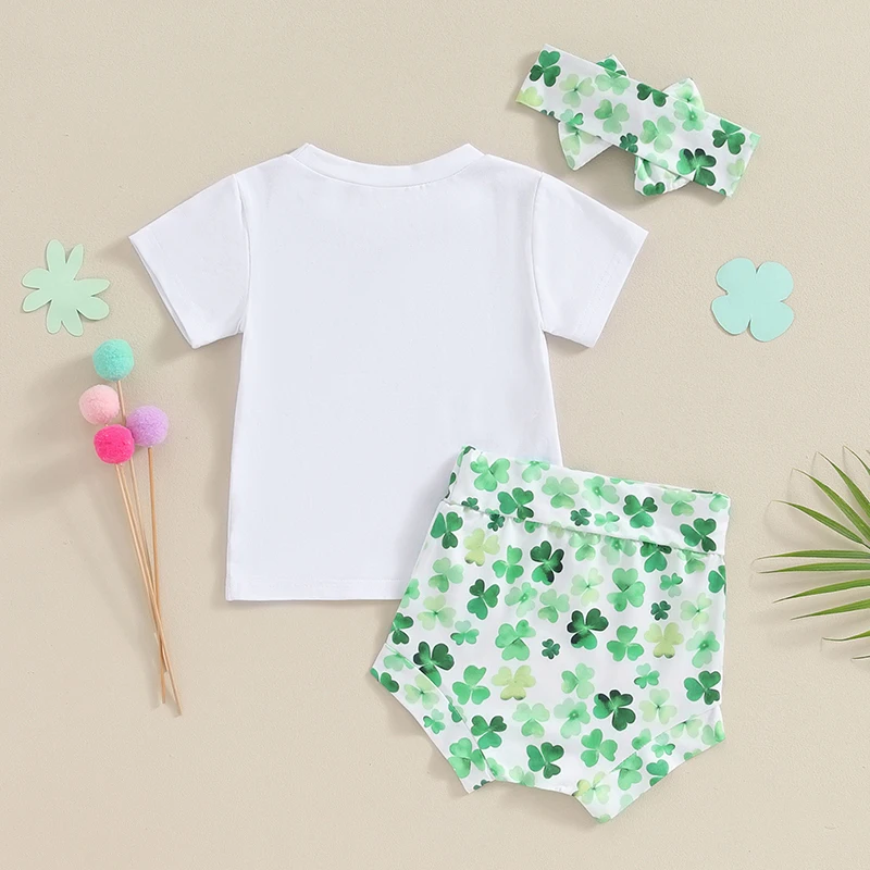 Newborn Baby Girl 3Pcs Saint Patricks Day Outfit Lucky Little Shirt Shorts Cute Headband Summer Lucky Layette Set