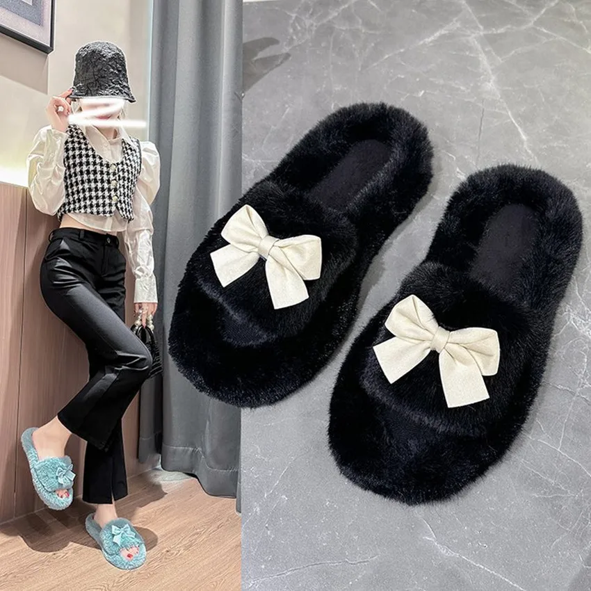 

Summer Fluffy Fur Slippers Shoes Women Real Fur Flip Flop Flat Furry Fur Slides Outdoor Sandals Woman Amazing Shoes Plus Size 42