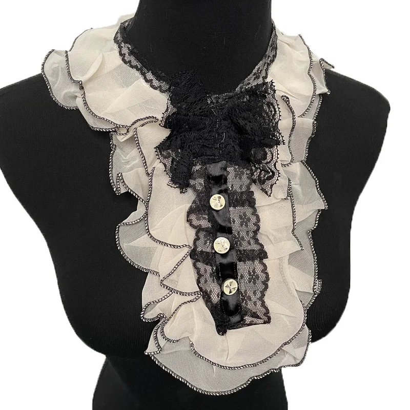 Handmade Multiple Layers Lace Buttons Chiffon Flounce‌ Blouse Fake Collars for Women Chunky Necklace Fashion Detachable Collar