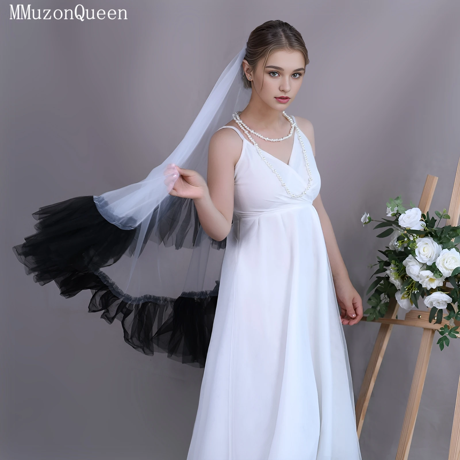 TOPQUEEN New Design Contrast Color Bride Short Veil Double Layer Veil 1.2m Wide Ruffled Edge Wedding Accessories V183A
