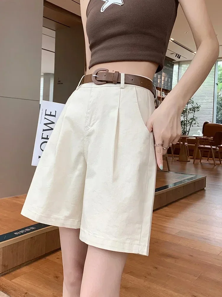 Pantalones cortos blancos de pierna ancha para mujer, pantalones cortos rectos sueltos de cintura alta para oficina, Bermudas informales de color negro liso para mujer