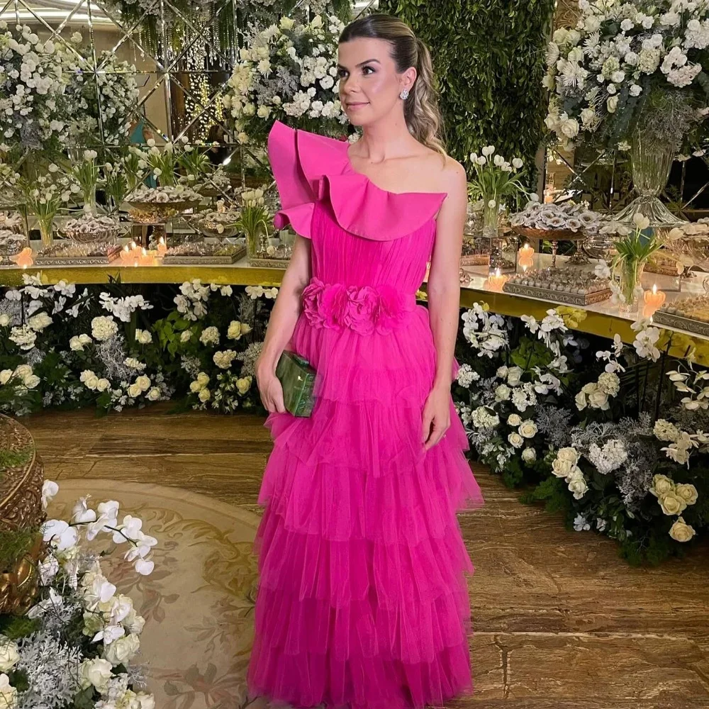 

Customized Jersey Tiered Flower Ruched Prom A-line One-shoulder Bespoke Occasion Gown Long Dresses