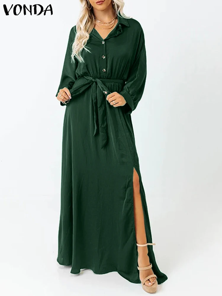 VONDA 2024 Summer Women Elegant Shirt Dress Long Sleeve Belted Maxi Sundress Fashion Lapel Split Solid Color Buttons Casual Robe