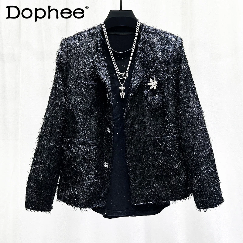 

2024 Autumn Winter New Fashion Jackets Trendy High-end Black Small Fragrant Coats Men's Personality Design Tassels Plush Jacket