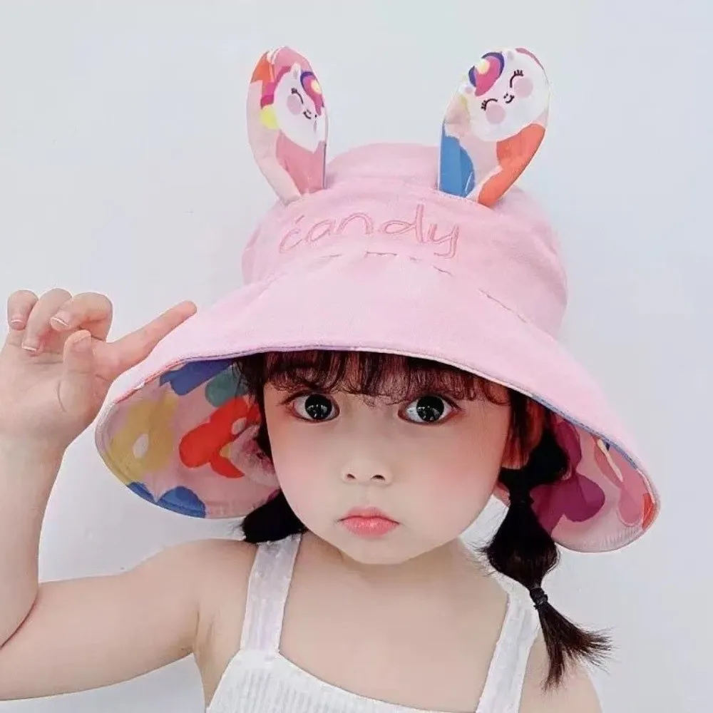 Casual Adjustable Children Rabbit Ears Sun Hat Double-sided Strap Empty Top Sunscreen Hat Foldable Cotton Wide Brim Hat Outdoor