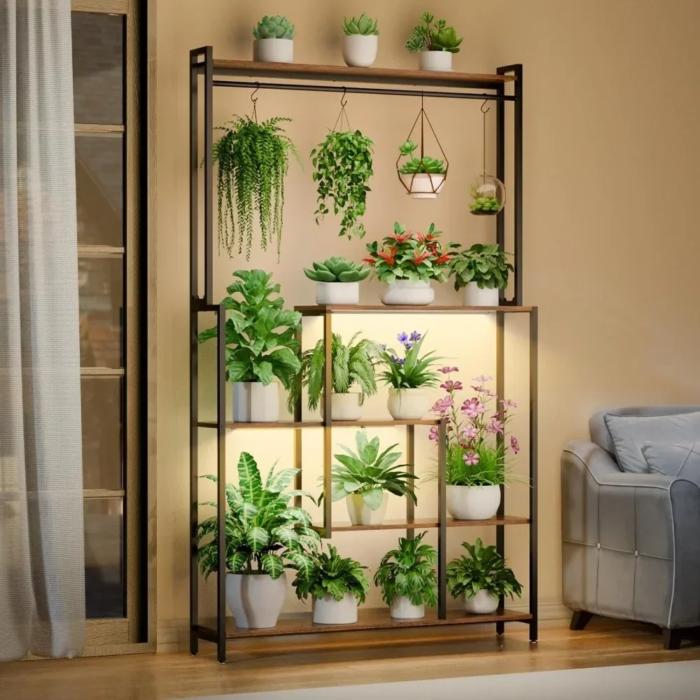 

ez Tall plant shelf, indoor with grow lights, 72 inch layered metal plant shelf, living room, large square corner display shelf