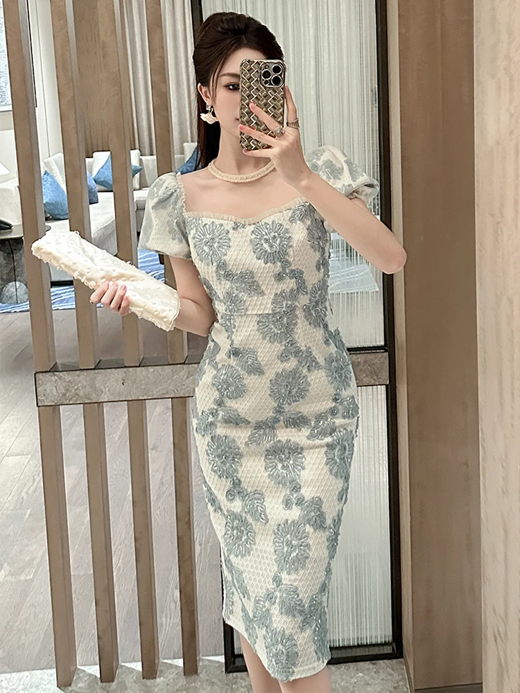 Women Clothes Lace Floral Embroidery Sheer O-Neck Slim Midi Pencil Dress Elegant Lady Fashion Vestidos Robe Formal Occasion New