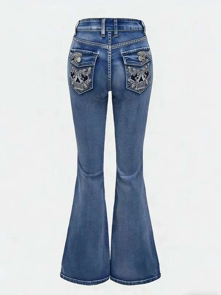 Y2K Bestickte Jeans für Damen im Europäisch-Amerikanischen Stil, Gewaschen mit Taschen, Micro-Flare, Slim Fit, Hochgeschnitten, Lässige Schlaghose