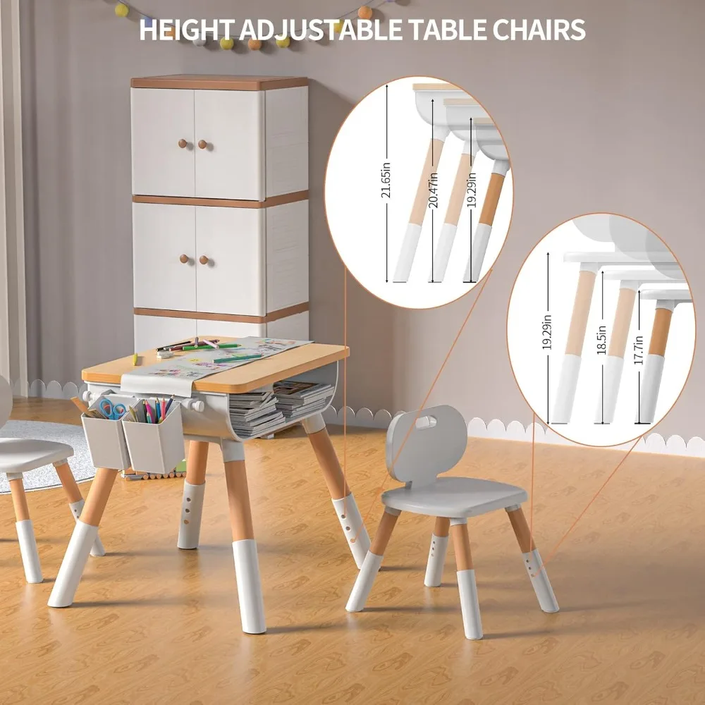 Kids Table and Chair Set, Kids Study Table and Chairs Set, Adjustable Height, Built-in Storage