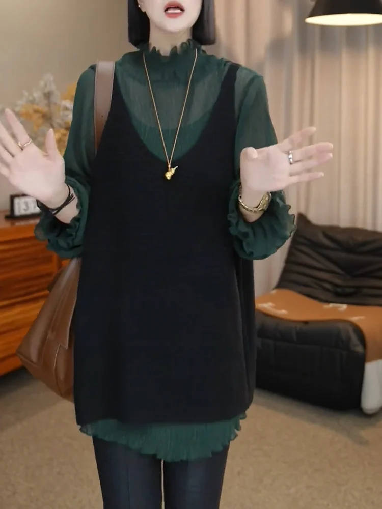 

Korean Design Sense Fake Two-Piece Long Sve Women's Faion Top Matching Autumn New plus Size Warmth Thermalized