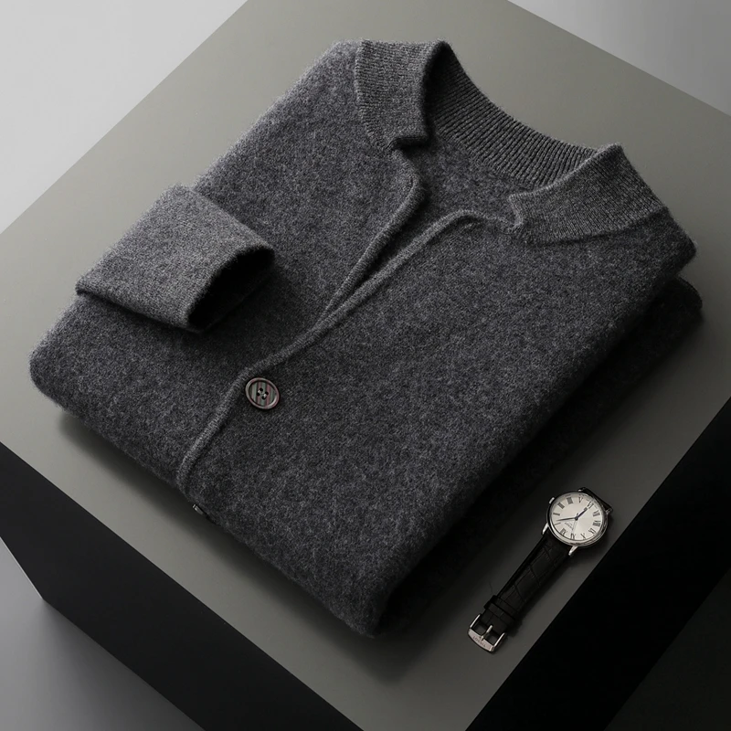 100% Cashmere Cardigan Men Stand Collar Solid Color Knitted Sweater Long Sleeve Outerwear Autumn Winter Loose Casual Wool Coat