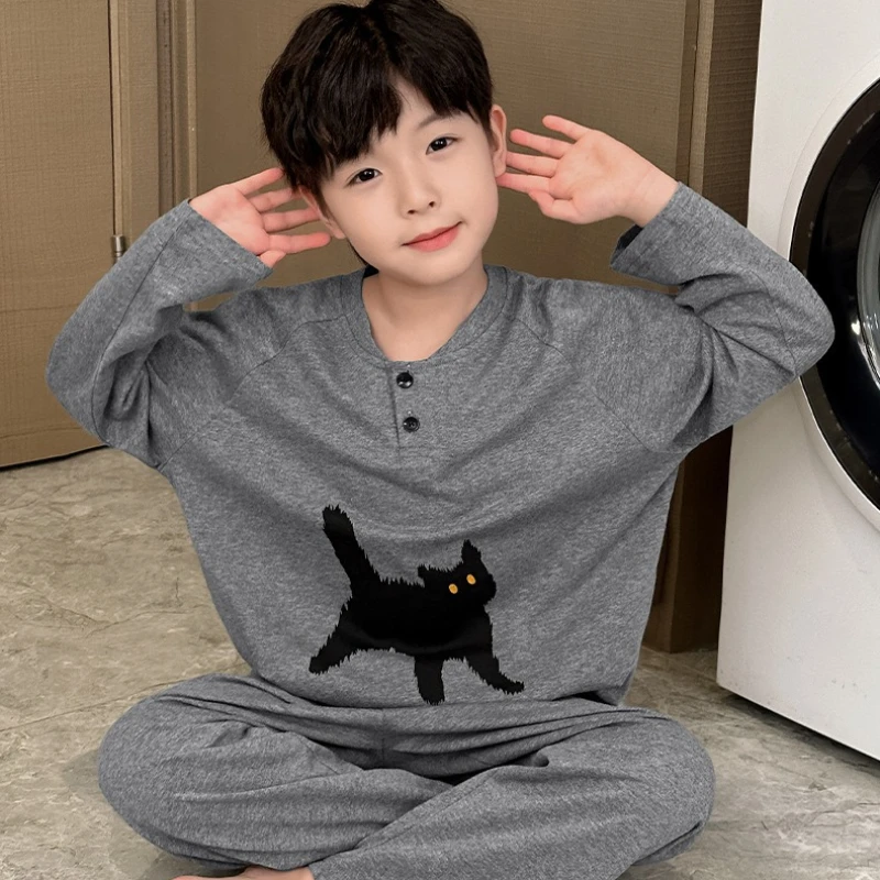 

Полосатый пижамный комплект для мальчиков 2025 года, домашняя одежда из чистого хлопка с длинными рукавами для больших детей, легкая одежда для сна