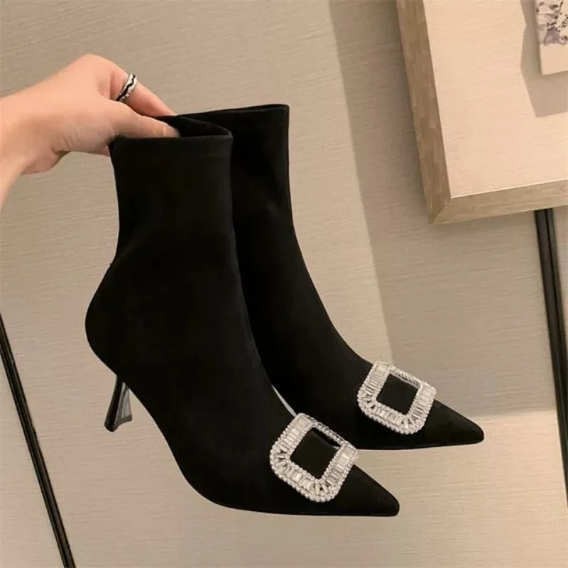 Autumn New Thin Heel Single Boots Women's Fashion Pointed Rhinester Buckle Suede Temperament Short Boots