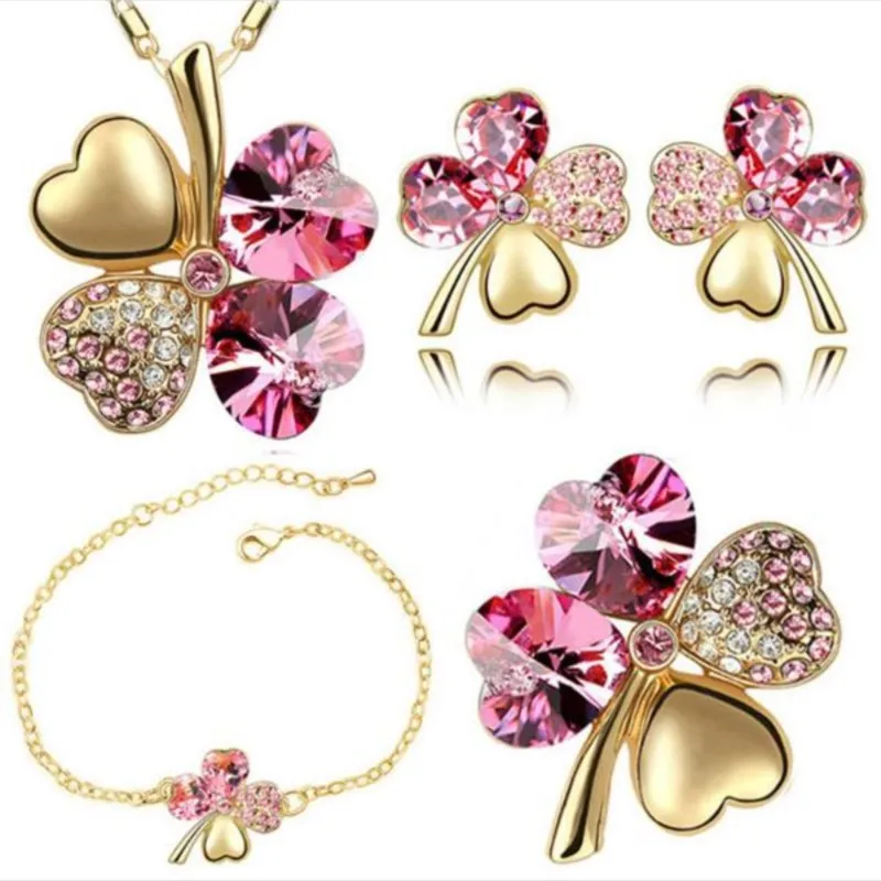 Crystal Clover 4 Leaf heart fashion jewelry set dropshipping Necklace earrings bracelet brooch charm girl quality birthday gifts