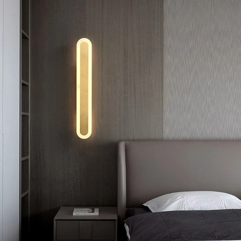 &*Q All copper modern simple long bedroom LED bedside wall lamp Nordic one-word surface decoration living room background