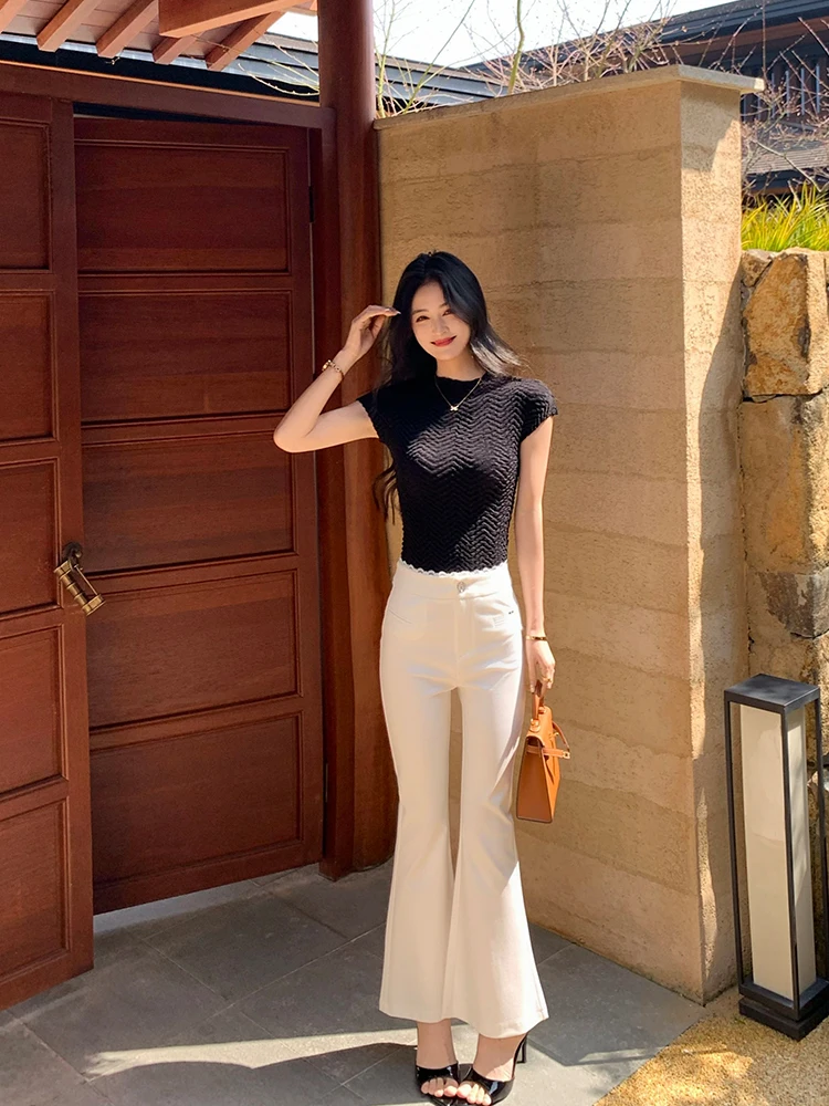 Slimming High Waist Lace Patchwork White Micro Flared Nine Point Pants Women's Spring Summer Casual Pants Stylish Leggings