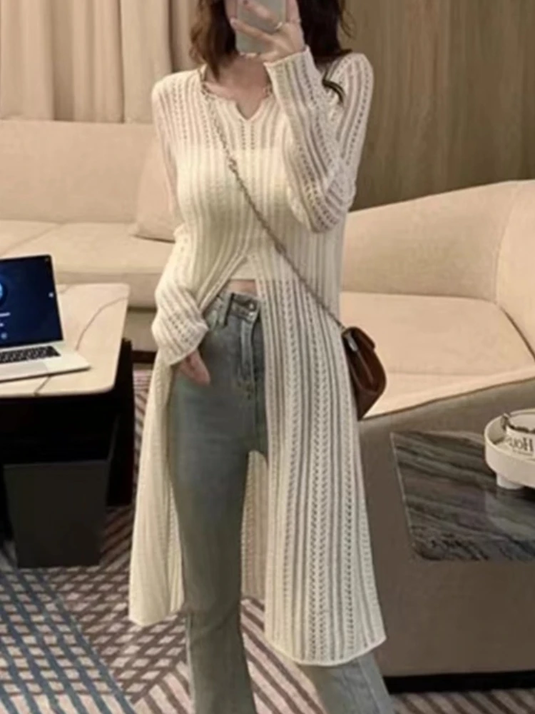 Spring Autumn V-neck Split Knitted Thin Long Shirt Women Fashion Hollow Out Casual Long Sleeve Sunscreen Tops Elegant Blouse Top