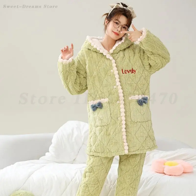 

Sweet Cute Coral Fleece Pajamas Set Women's Sleepwear Winter New Thickened Warm Hooded Nightwear Pijamas Loungewear Home Wear