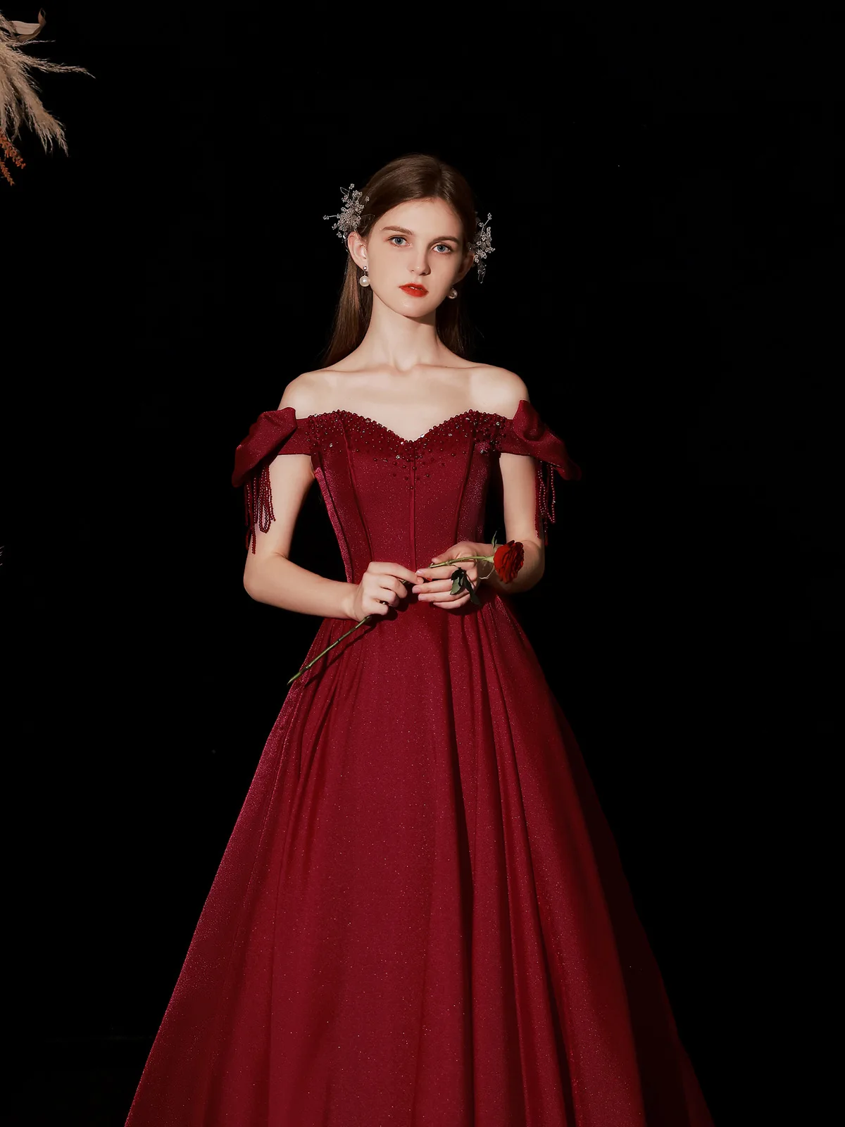 

Toast Clothing Burgundy Luxury Wedding Dresses Bridal Off-shoulder Beading Party Gowns Vestido De Noiva