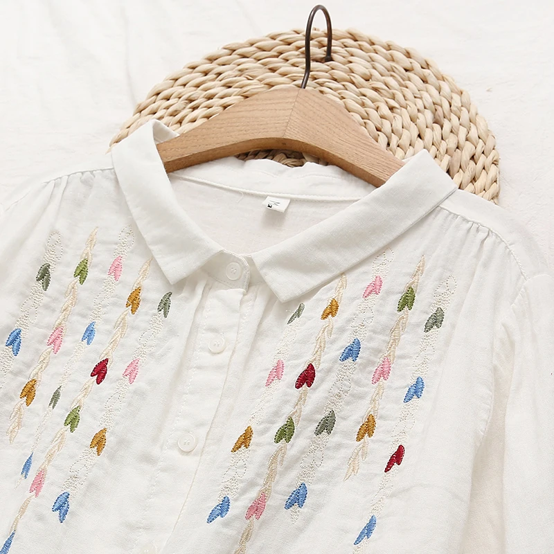 Bordado colorido choli folhas doce camisa roupas femininas cor branca duplo algodão turn down collar camisas e blusas u145