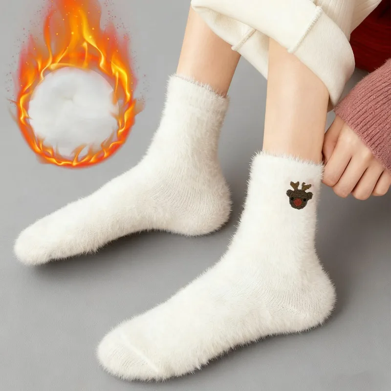 5 أزواج من فراء المنك الأبيض الجوارب الناعمة الدافئة الشتاء الجوارب النساء عيد الميلاد سانتا الرنة ثلج دافئ غامض أفخم التمهيد المنزل Sockings #5