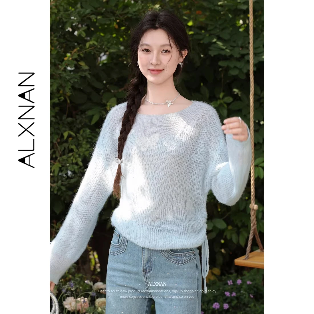 

ALXNAN Blue Knit Pullover Butterfly Embroidery Hollow Design Casual Loose-fit Women's Sweater 2026 Spring Female Clothing L62305