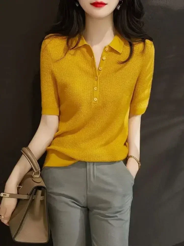 Polo Neck Shirt For Women Plain Button Woman T Slim Women's Clothing Trend 2024 High Quality On Offer Wholesale Youth Korean