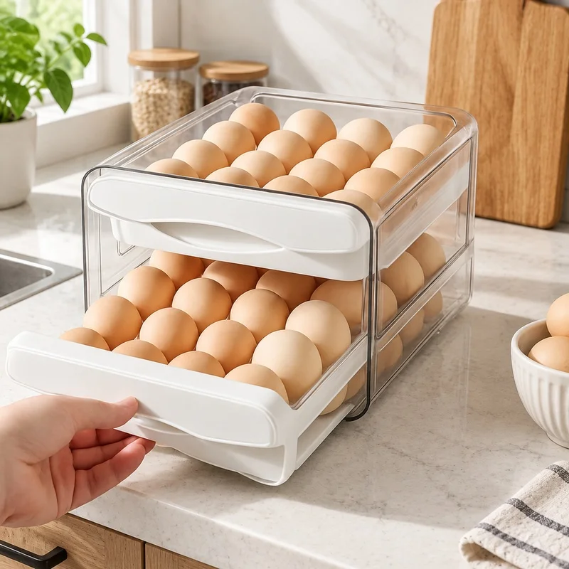 Refrigerator Egg Storage Container with Double-Layer Plastic Tray, High Capacity for Kitchen Organization