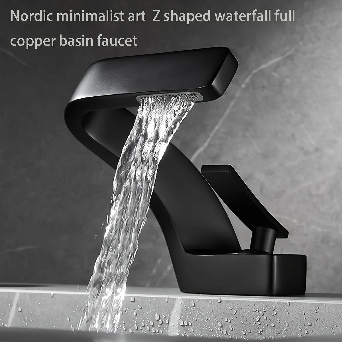 Nordic Minimalist Black Waterfall Washbasin Faucet Solid Brass Creative Z-Shaped Wide Mouth Household Hot and Cold Faucet