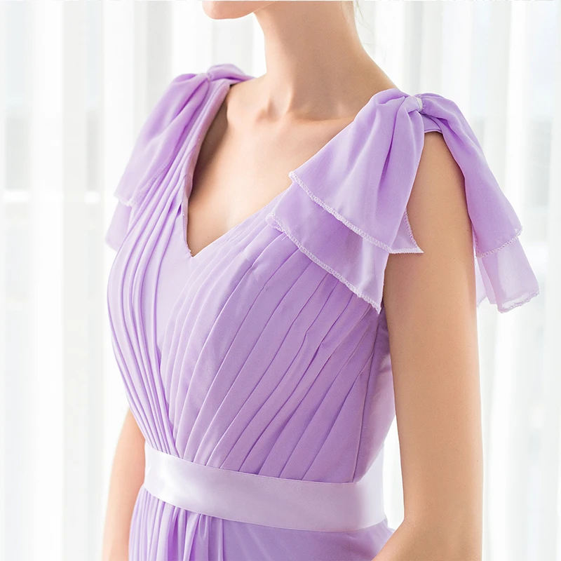 Lilac Bridesmaid Dresses A-line V-neck Floor Length Chiffon Long Wedding Party Dresses